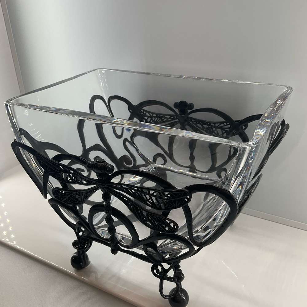 CASTILIAN Poland Crystal Bowl & Dragonfly Hefty Centerpiece 2 Pieces RARE! - Picture 5 of 14